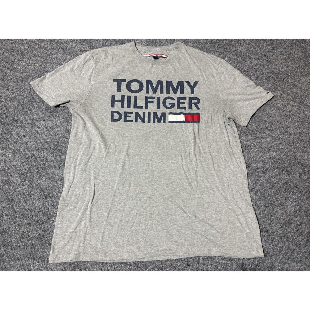 Tommy Hilfiger Shirt Mens L Gray Crew Neck Denim Logo Graphic Tee Casual